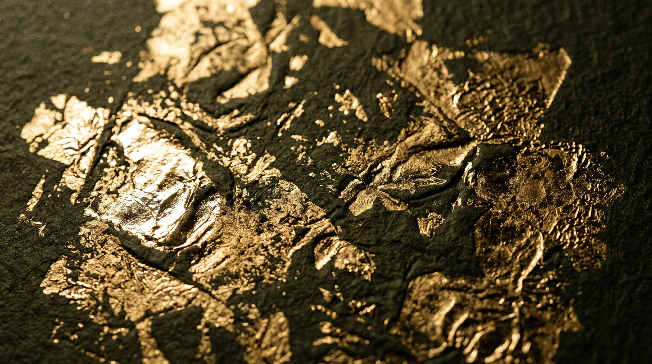 Antique gold foil pressed into paper, photographed close: bright metallic highlights breaking into matte against a deep olive ground.