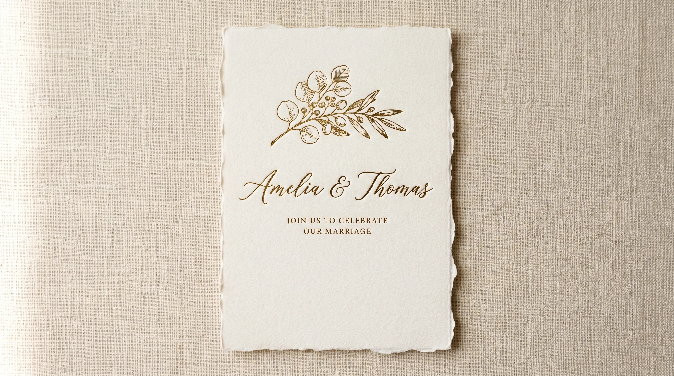 A wedding invitation on deckle-edged ivory cotton card, hot-foiled in antique gold with a botanical sprig above the names, lying on ivory linen. It names no venue.