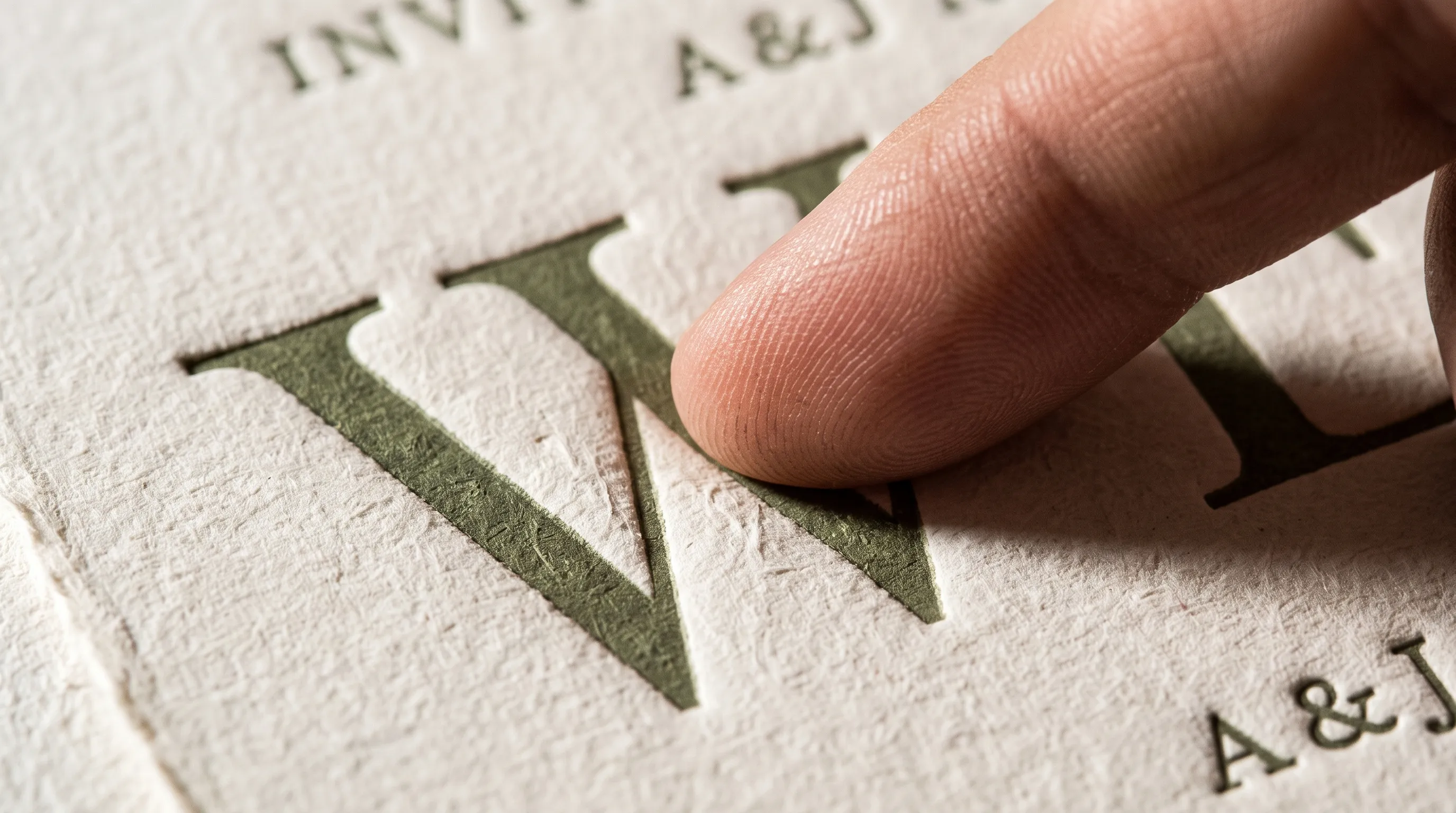 A fingertip resting in the deep impression of a letterpress invitation, the olive ink pressed into a valley in thick cotton paper.