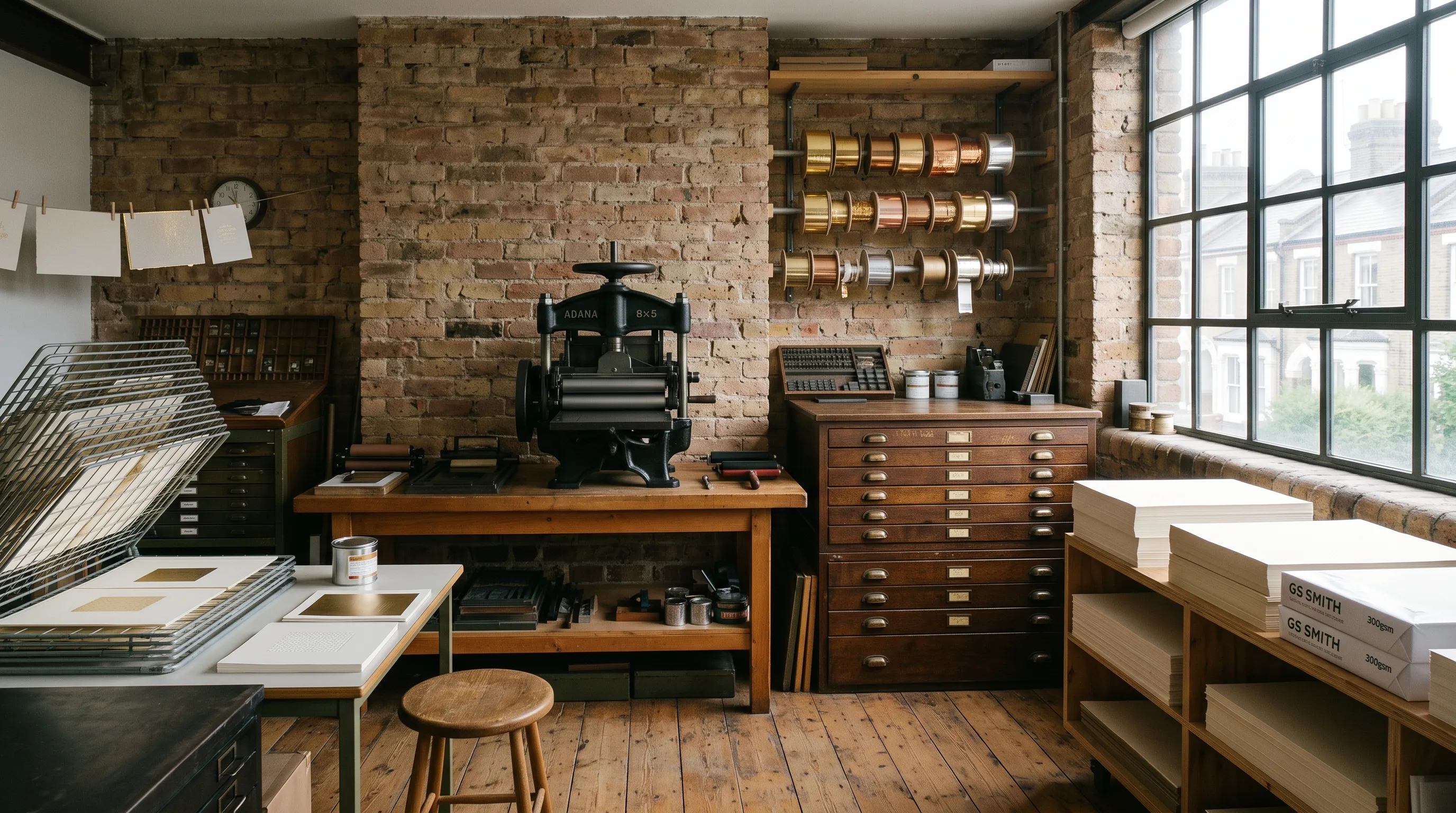 A letterpress workshop in a brick building: a cast-iron press by a tall window, a plan chest, and shelves of paper and foil.