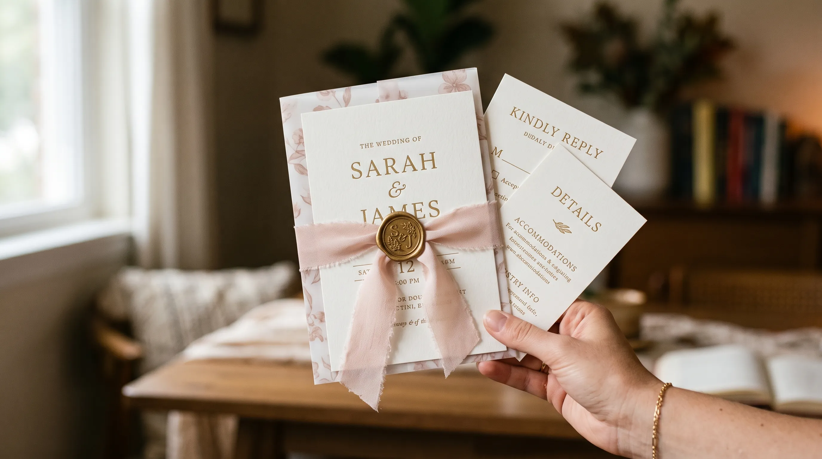 A full invitation suite held in one hand: the invitation, an RSVP card and a details card, tied with blush ribbon and a gold wax seal.