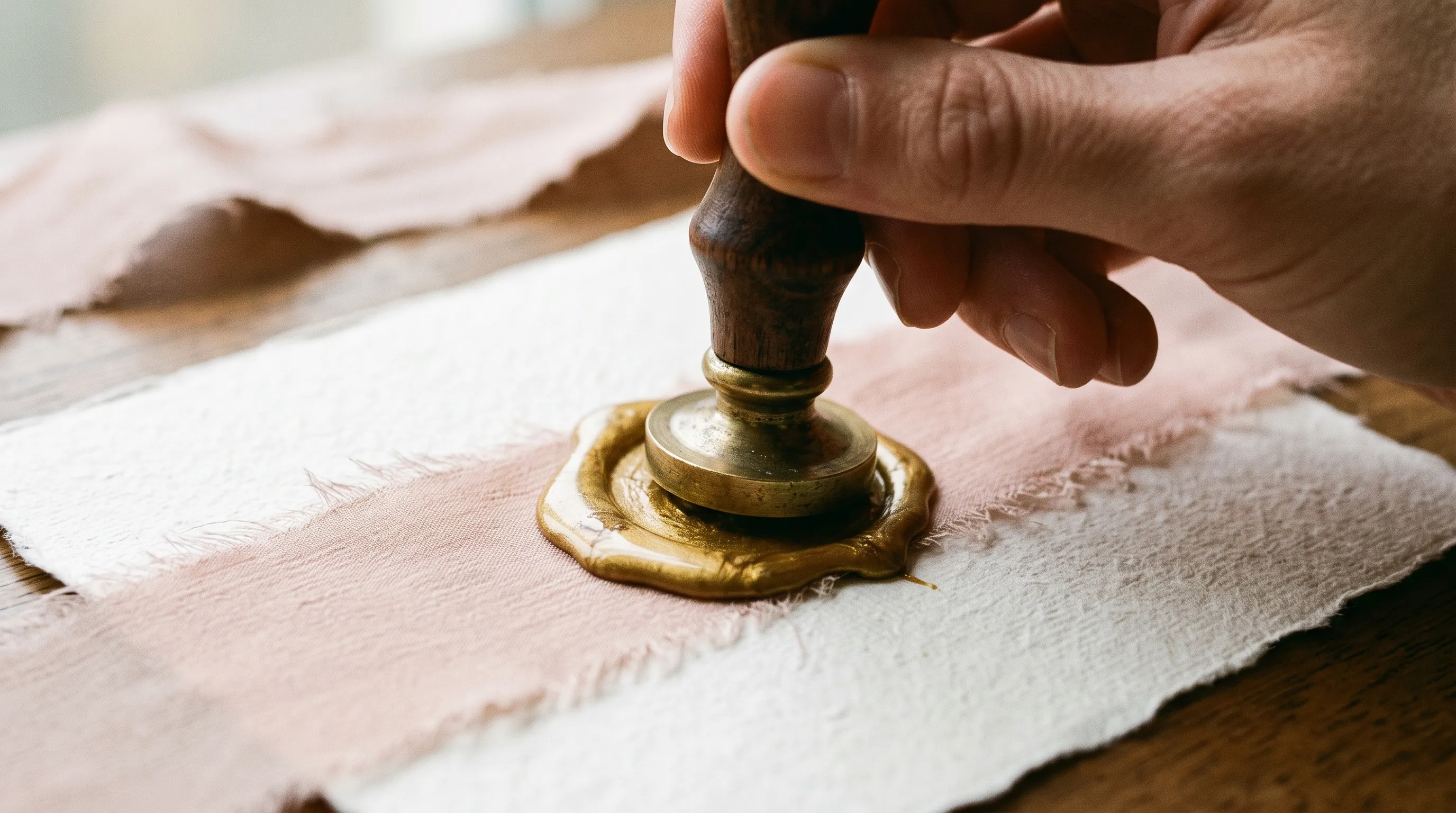 A brass seal being pressed into a pool of antique gold wax on hand-torn blush silk ribbon, over deckle-edged ivory card.